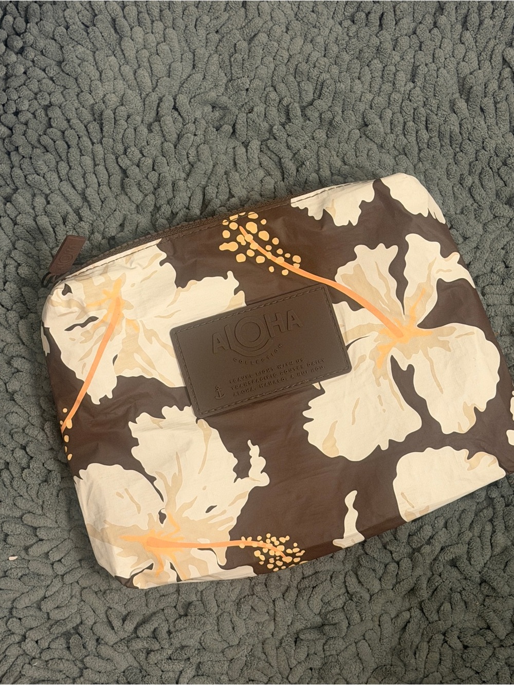 ALOHA Collection Brown Floral Cosmetic Pouch with Cream and Orange Accents